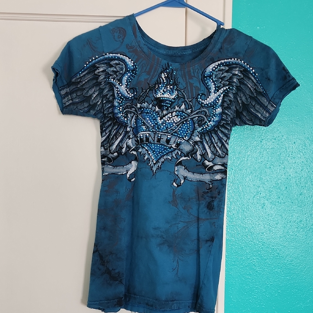 Sinful Rhinestone Blue Tshirt Size Small